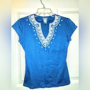 Vintage Ann Talylor XSP Teal Embroidered Notched V Neck, Cap Sleeve Cotton Top